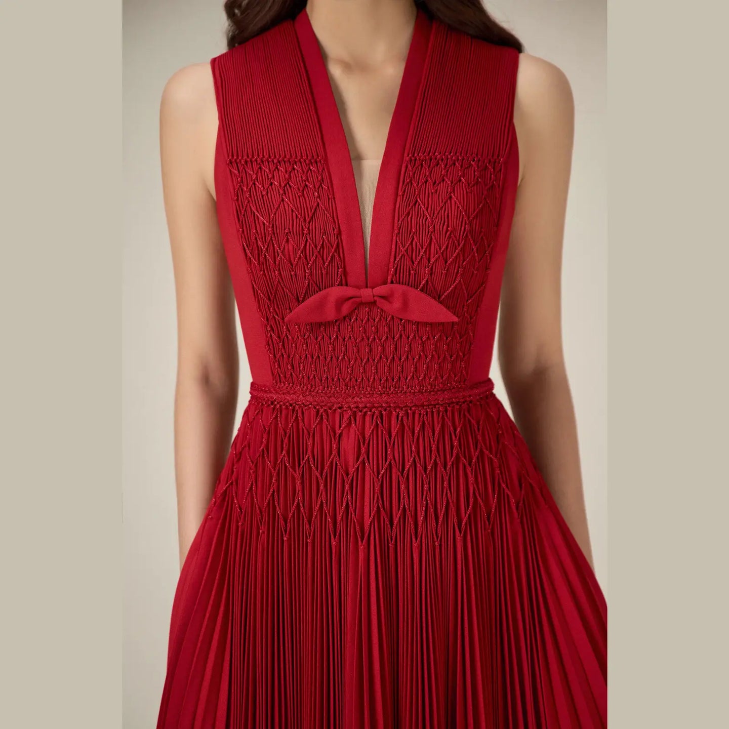 CHERIE | Red Midi Pleated Dress bow - Cielie